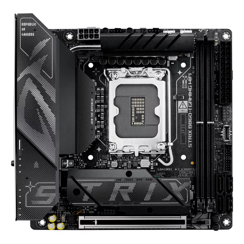Mātesplate ASUS ROG STRIX B860-I GAMING WIFI — Intel B860, LGA 1851, mini ITX, 2× DDR5 DIMM (līdz 128 GB), Wi‑Fi 7, 2,5 Gb LAN
