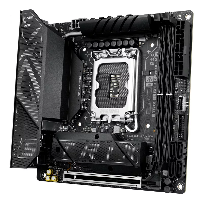 Mātesplate ASUS ROG STRIX B860-I GAMING WIFI — Intel B860, LGA 1851, mini ITX, 2× DDR5 DIMM (līdz 128 GB), Wi‑Fi 7, 2,5 Gb LAN