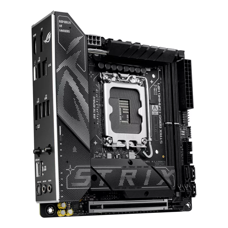 Mātesplate ASUS ROG STRIX B860-I GAMING WIFI — Intel B860, LGA 1851, mini ITX, 2× DDR5 DIMM (līdz 128 GB), Wi‑Fi 7, 2,5 Gb LAN