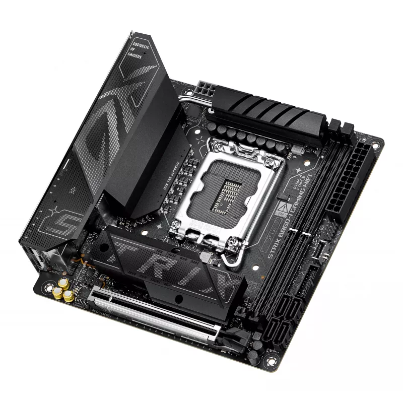 Mātesplate ASUS ROG STRIX B860-I GAMING WIFI — Intel B860, LGA 1851, mini ITX, 2× DDR5 DIMM (līdz 128 GB), Wi‑Fi 7, 2,5 Gb LAN