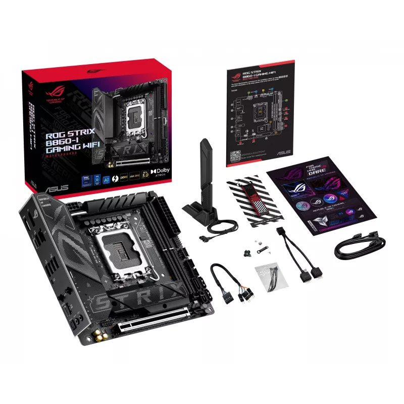 Mātesplate ASUS ROG STRIX B860-I GAMING WIFI — Intel B860, LGA 1851, mini ITX, 2× DDR5 DIMM (līdz 128 GB), Wi‑Fi 7, 2,5 Gb LAN