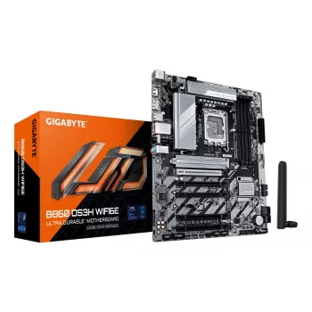 Mātesplate GIGABYTE B860 DS3H WIFI6E — Intel Core Ultra sērijas CPU, 8+1+2+2 fāžu VRM, līdz 9066 MHz DDR5, 1xPCIe 5.0 + 1xPCIe 4.0 M.2, 2.5GbE LAN, WIFI 6E, USB 3.2 Gen 2x2