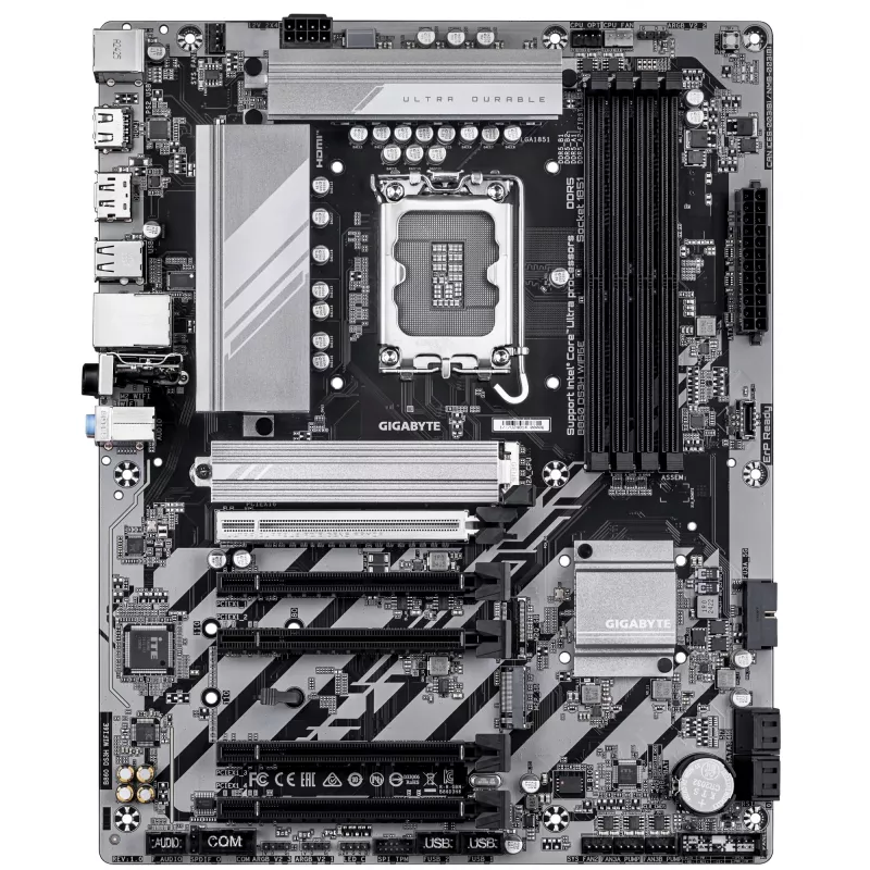 Mātesplate GIGABYTE B860 DS3H WIFI6E — Intel Core Ultra sērijas CPU, 8+1+2+2 fāžu VRM, līdz 9066 MHz DDR5, 1xPCIe 5.0 + 1xPCIe 4.0 M.2, 2.5GbE LAN, WIFI 6E, USB 3.2 Gen 2x2