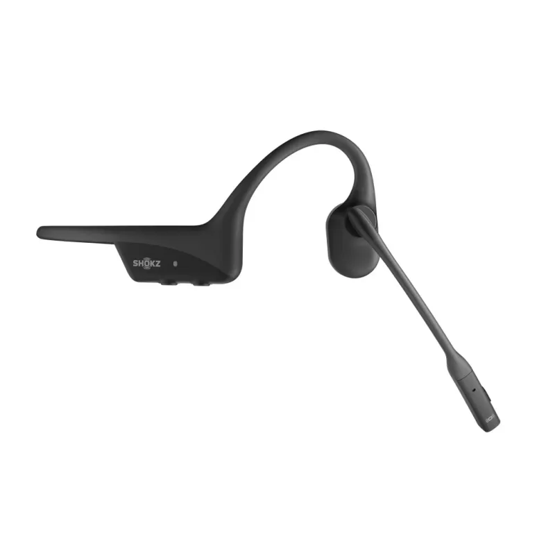 Austiņas Shokz OpenComm2 UC 2025 — bezvadu kaula vadīšanas aizauss austiņas, 16 h sarunu laiks, USB Type-A/Type-C, ANC, 29 m darbības rādiuss, melnas