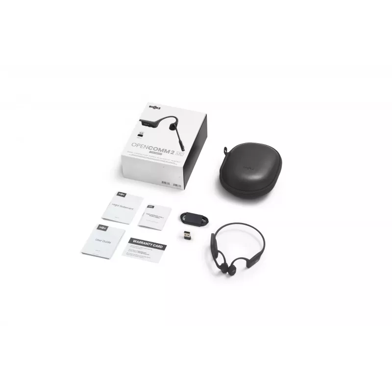 Austiņas Shokz OpenComm2 UC 2025 — bezvadu kaula vadīšanas aizauss austiņas, 16 h sarunu laiks, USB Type-A/Type-C, ANC, 29 m darbības rādiuss, melnas