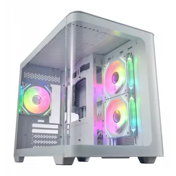 FSP S380-WA korpuss Mini Tower mITX, mATX balts ARGB, Micro Tower, PC, balts, micro ATX, Mini-ITX, SPCC, Rūdīts stikls, Spēlēm