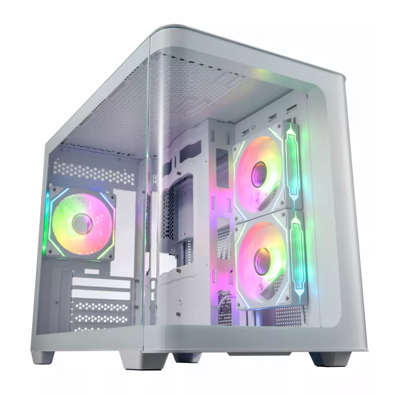 FSP S380-WA korpuss Mini Tower mITX, mATX balts ARGB, Micro Tower, PC, balts, micro ATX, Mini-ITX, SPCC, Rūdīts stikls, Spēlēm