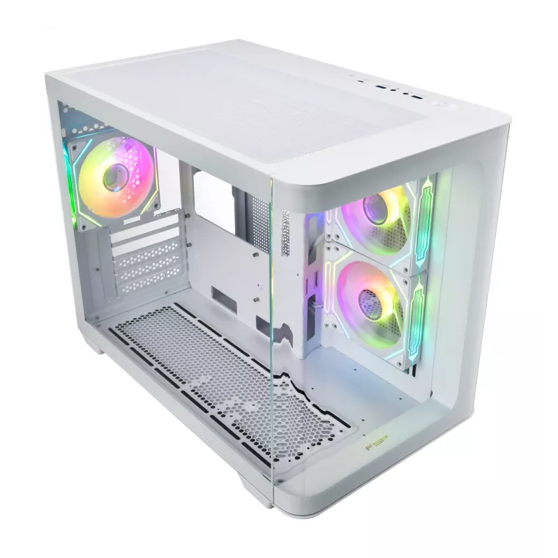 FSP S380-WA korpuss Mini Tower mITX, mATX balts ARGB, Micro Tower, PC, balts, micro ATX, Mini-ITX, SPCC, Rūdīts stikls, Spēlēm