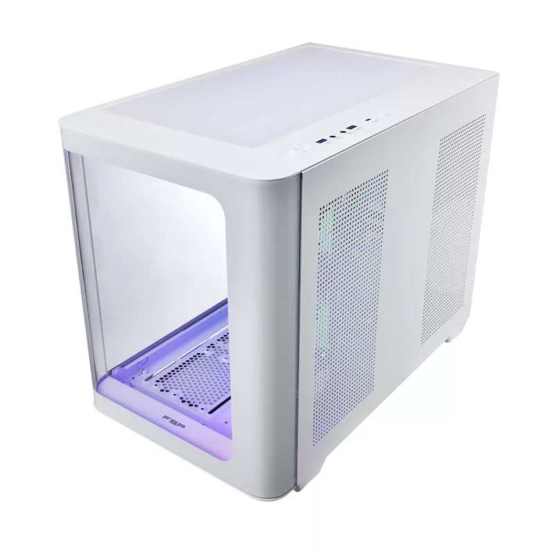 FSP S380-WA korpuss Mini Tower mITX, mATX balts ARGB, Micro Tower, PC, balts, micro ATX, Mini-ITX, SPCC, Rūdīts stikls, Spēlēm