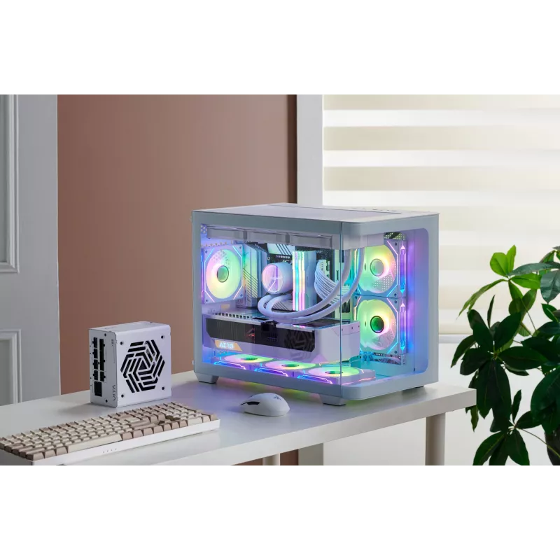 FSP S380-WA korpuss Mini Tower mITX, mATX balts ARGB, Micro Tower, PC, balts, micro ATX, Mini-ITX, SPCC, Rūdīts stikls, Spēlēm