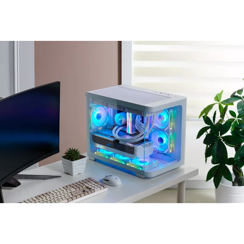 FSP S380-WA korpuss Mini Tower mITX, mATX balts ARGB, Micro Tower, PC, balts, micro ATX, Mini-ITX, SPCC, Rūdīts stikls, Spēlēm