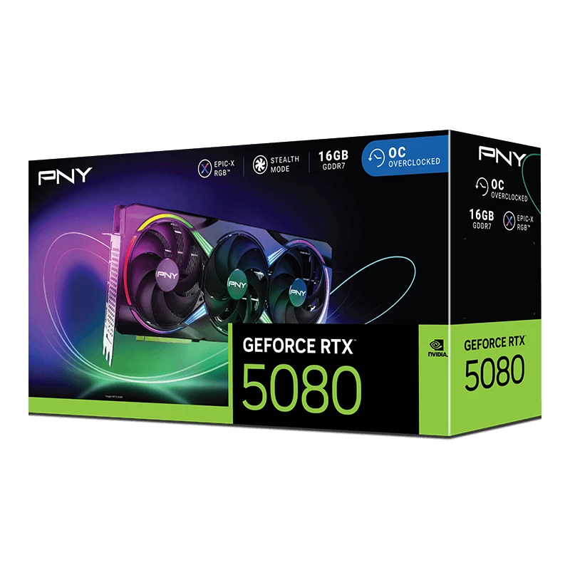 PNY GeForce RTX 5080 16 GB ARGB pārspīlēta, trīs ventilatori - 16 GB GDDR7 - DisplayPort 2.1b / HDMI 2.1b