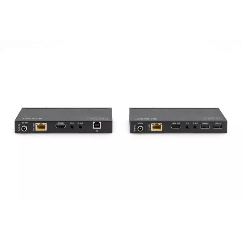 DIGITUS HDBaseT KVM pagarinātāja komplekts. 150m 4K/60Hz. USB 2.0. PoC. IR. melns