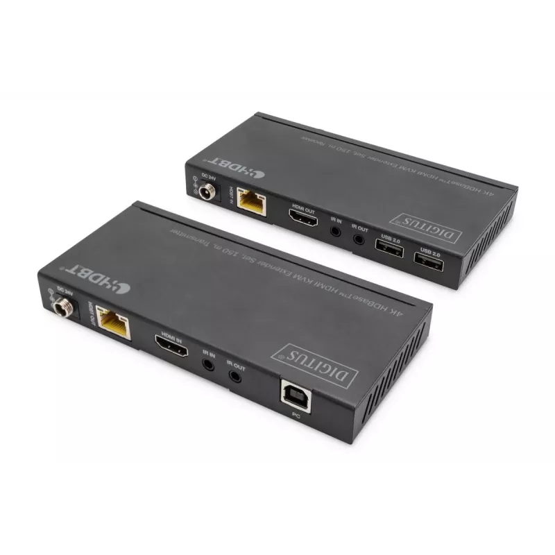 DIGITUS HDBaseT KVM pagarinātāja komplekts. 150m 4K/60Hz. USB 2.0. PoC. IR. melns