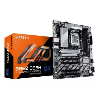 Mātesplate GIGABYTE B860 DS3H — atbalsta Intel Core Ultra procesorus, 8+1+2+2 fāžu VRM, līdz 9066 MHz DDR5, 1xPCIe 5.0 + 1xPCIe 4.0 M.2, 2.5 GbE LAN, USB 3.2 Gen 2x2