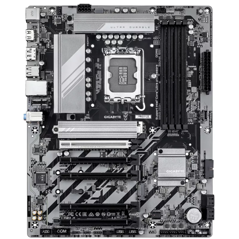 Mātesplate GIGABYTE B860 DS3H — atbalsta Intel Core Ultra procesorus, 8+1+2+2 fāžu VRM, līdz 9066 MHz DDR5, 1xPCIe 5.0 + 1xPCIe 4.0 M.2, 2.5 GbE LAN, USB 3.2 Gen 2x2