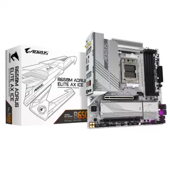 Mātesplate GIGABYTE B650M AORUS ELITE AX ICE — AMD Ryzen 9000 sērijas CPU, 12+2+2 fāžu VRM, līdz 8000MHz DDR5 (OC), 1xPCIe 5.0 + 1xPCIe 4.0 M.2, 2.5GbE LAN, WIFI 6E, USB 3.2 Gen 2x2