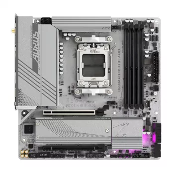 Mātesplate GIGABYTE B650M AORUS ELITE AX ICE — AMD Ryzen 9000 sērijas CPU, 12+2+2 fāžu VRM, līdz 8000MHz DDR5 (OC), 1xPCIe 5.0 + 1xPCIe 4.0 M.2, 2.5GbE LAN, WIFI 6E, USB 3.2 Gen 2x2