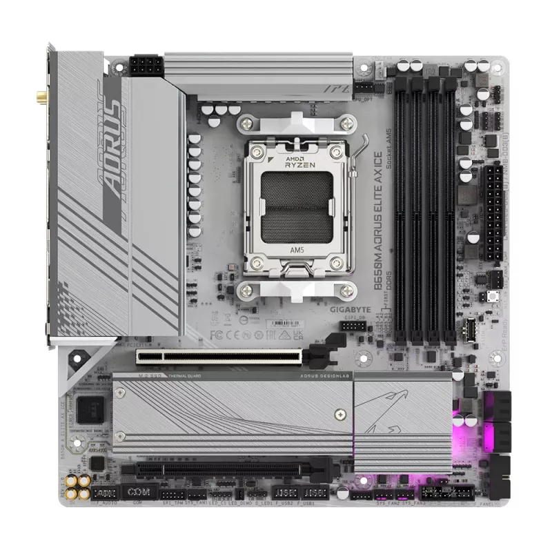 Mātesplate GIGABYTE B650M AORUS ELITE AX ICE — AMD Ryzen 9000 sērijas CPU, 12+2+2 fāžu VRM, līdz 8000MHz DDR5 (OC), 1xPCIe 5.0 + 1xPCIe 4.0 M.2, 2.5GbE LAN, WIFI 6E, USB 3.2 Gen 2x2