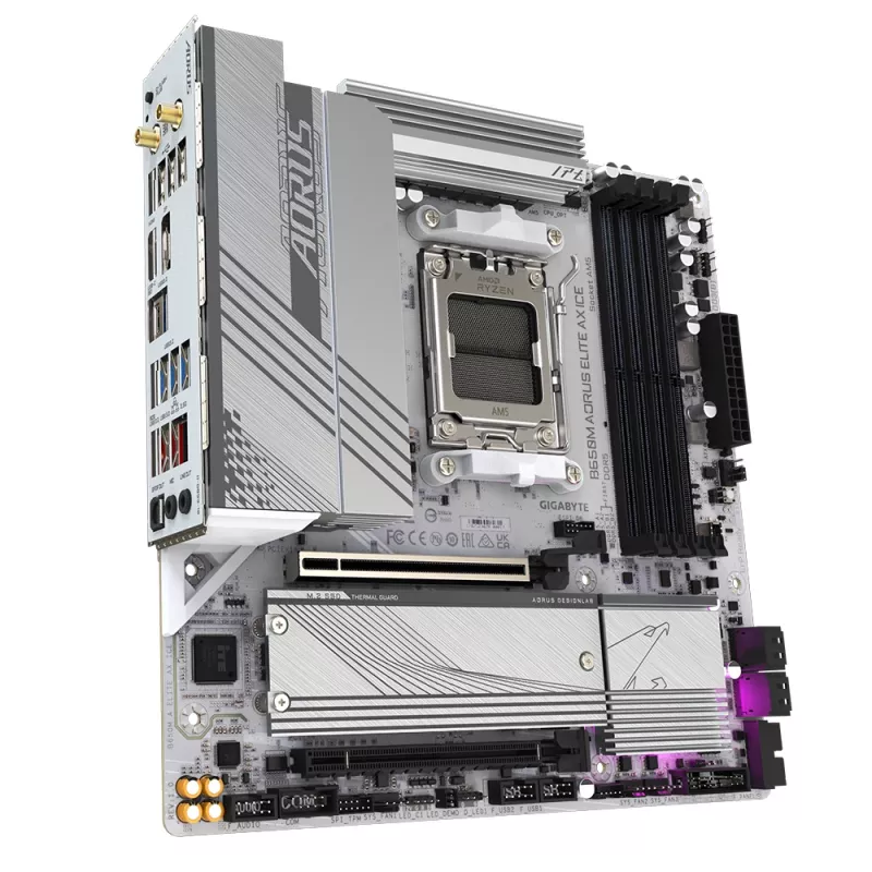 Mātesplate GIGABYTE B650M AORUS ELITE AX ICE — AMD Ryzen 9000 sērijas CPU, 12+2+2 fāžu VRM, līdz 8000MHz DDR5 (OC), 1xPCIe 5.0 + 1xPCIe 4.0 M.2, 2.5GbE LAN, WIFI 6E, USB 3.2 Gen 2x2