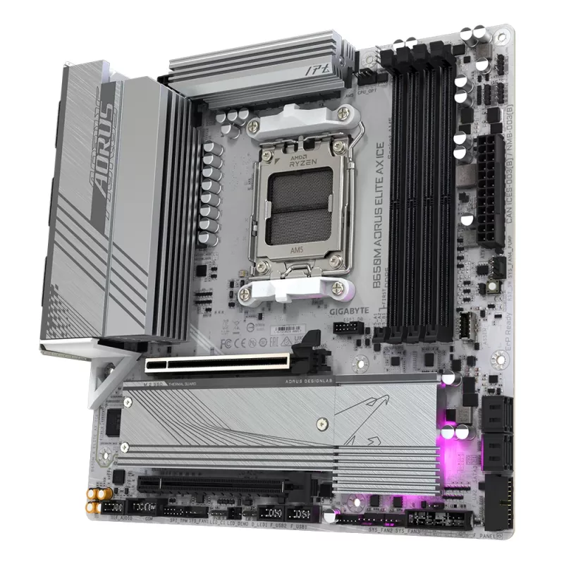 Mātesplate GIGABYTE B650M AORUS ELITE AX ICE — AMD Ryzen 9000 sērijas CPU, 12+2+2 fāžu VRM, līdz 8000MHz DDR5 (OC), 1xPCIe 5.0 + 1xPCIe 4.0 M.2, 2.5GbE LAN, WIFI 6E, USB 3.2 Gen 2x2
