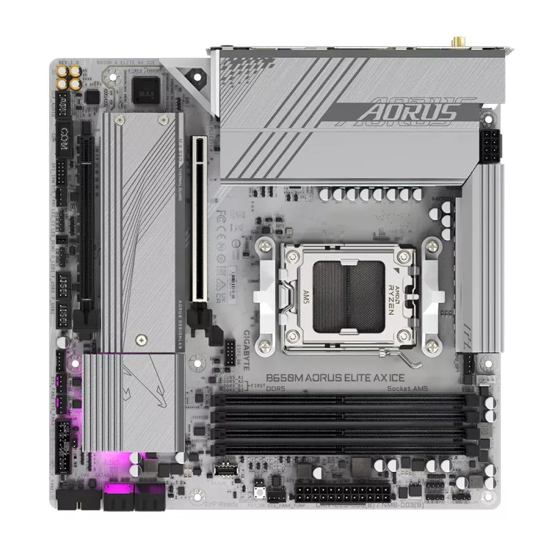 Mātesplate GIGABYTE B650M AORUS ELITE AX ICE — AMD Ryzen 9000 sērijas CPU, 12+2+2 fāžu VRM, līdz 8000MHz DDR5 (OC), 1xPCIe 5.0 + 1xPCIe 4.0 M.2, 2.5GbE LAN, WIFI 6E, USB 3.2 Gen 2x2