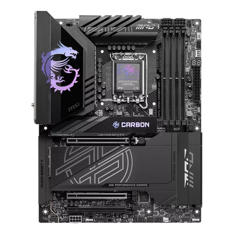 Mātesplate MSI MPG Z890 CARBON WIFI ATX — Intel LGA1851, Z890, DDR5, 4x DIMM, 5x M.2, Wi‑Fi 7, 2.5Gb LAN