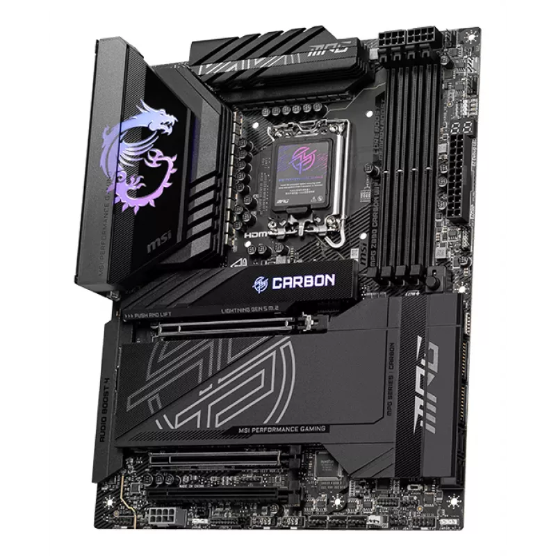 Mātesplate MSI MPG Z890 CARBON WIFI ATX — Intel LGA1851, Z890, DDR5, 4x DIMM, 5x M.2, Wi‑Fi 7, 2.5Gb LAN