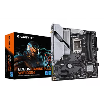 GIGABYTE B760M GAMING PLUS WIFI DDR4 mātesplate - atbalsta 14. paaudzes Intel Core procesorus, 4+1+1 fāžu VRM, līdz 5333MHz DDR4 (OC), 2xPCIe 4.0 M.2, Wi-Fi 6, 1 GbE LAN, USB 3.2 Gen 1