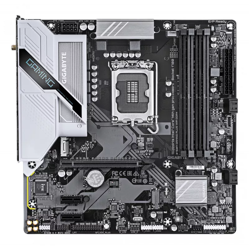 GIGABYTE B760M GAMING PLUS WIFI DDR4 mātesplate - atbalsta 14. paaudzes Intel Core procesorus, 4+1+1 fāžu VRM, līdz 5333MHz DDR4 (OC), 2xPCIe 4.0 M.2, Wi-Fi 6, 1 GbE LAN, USB 3.2 Gen 1