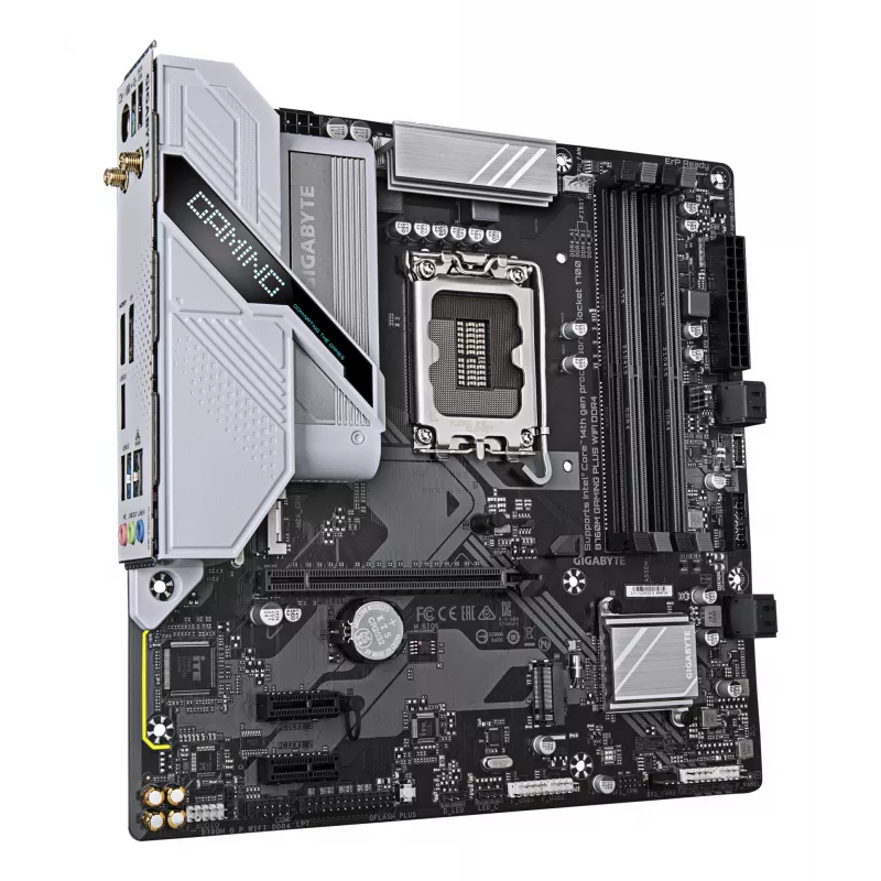 GIGABYTE B760M GAMING PLUS WIFI DDR4 mātesplate - atbalsta 14. paaudzes Intel Core procesorus, 4+1+1 fāžu VRM, līdz 5333MHz DDR4 (OC), 2xPCIe 4.0 M.2, Wi-Fi 6, 1 GbE LAN, USB 3.2 Gen 1