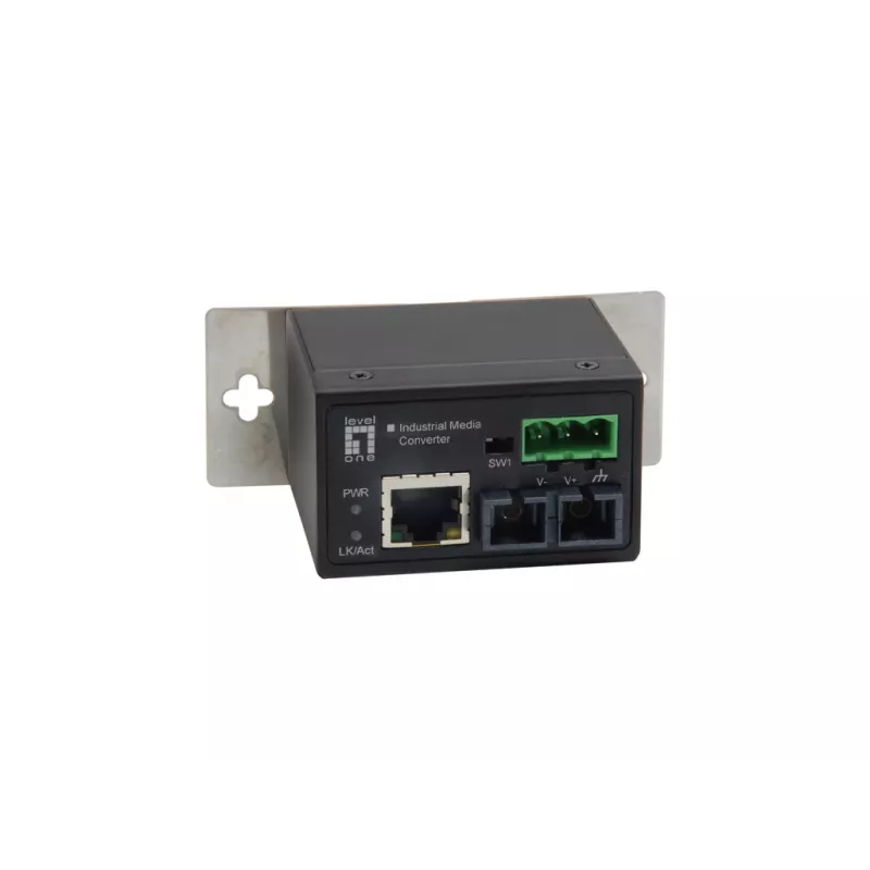 LevelOne RJ45 uz SC Fast Ethernet industriālais multivides pārveidotājs, vienmoda optiskā šķiedra, 30km, -40°C līdz 75°C