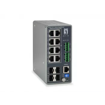 LevelOne TURING 12 portu L3 Lite pārvaldīts gigabitu industriālais slēdzis, 8 PoE izejas, 240W, 802.3at/af PoE, 4 x SFP, -40°C līdz 75°C