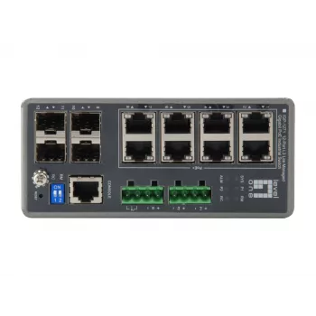 LevelOne TURING 12 portu L3 Lite pārvaldīts gigabitu industriālais slēdzis, 8 PoE izejas, 240W, 802.3at/af PoE, 4 x SFP, -40°C līdz 75°C
