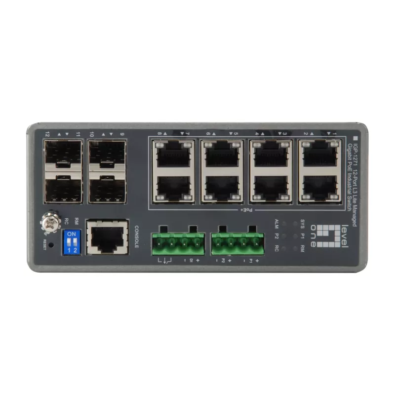 LevelOne TURING 12 portu L3 Lite pārvaldīts gigabitu industriālais slēdzis, 8 PoE izejas, 240W, 802.3at/af PoE, 4 x SFP, -40°C līdz 75°C