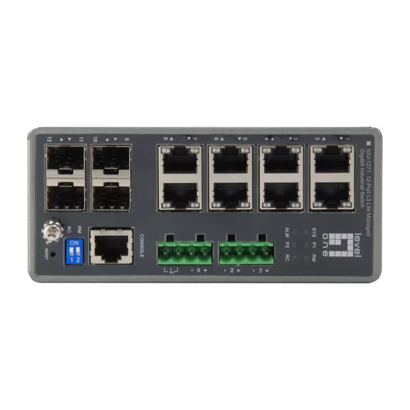 LevelOne TURING 12-Port L3 Lite Managed Gigabit Industrial Switch, 4 x SFP, DIN sliede, -40°C līdz 75°C