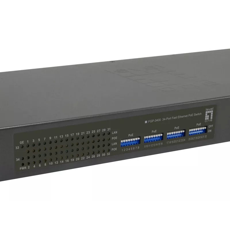 LevelOne 34-portu Fast Ethernet PoE slēdzis, 802.3at/af PoE, 32 PoE izejas, 2 x Gigabit RJ45, 630W