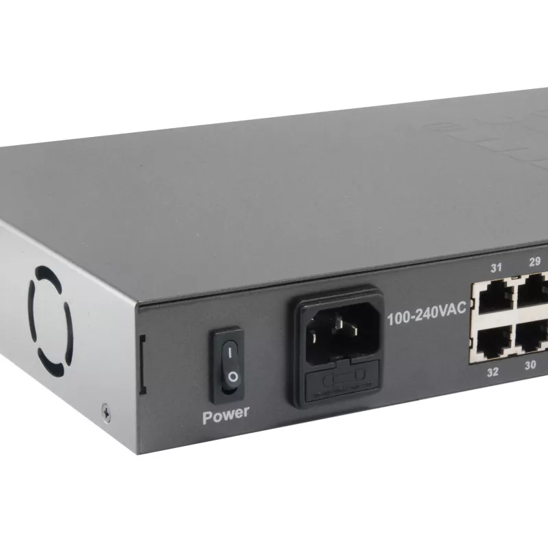 LevelOne 34-portu Fast Ethernet PoE slēdzis, 802.3at/af PoE, 32 PoE izejas, 2 x Gigabit RJ45, 630W