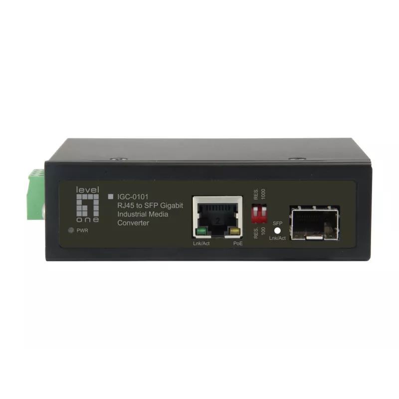 LevelOne RJ45 uz SFP Gigabit rūpnieciskais multivides pārveidotājs, 1 PoE izeja