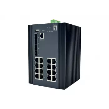 LevelOne 20 portu L2+ pārvaldāms gigabitu industriālais slēdzis, 16x 1GbE RJ45, 4x 1/2,5GbE SFP, DIN-sliedes stiprinājums, -40 °C līdz 80 °C