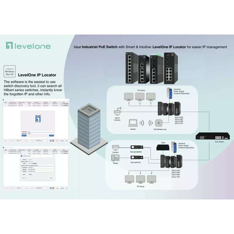 Pārvaldāms tīkla slēdzis LevelOne Hilbert 8 pieslēgvietu industriālais Gigabit PoE Smart Lite slēdzis