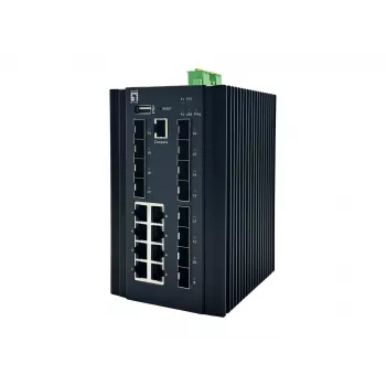 LevelOne 20 portu L2+ pārvaldīts industriālais slēdzis, 8 x 1GbE RJ45, 8 x 1GbE SFP, 4 x 1/2.5GbE SFP, DIN sliede, -40°C līdz 80°C