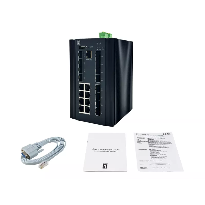 LevelOne 20 portu L2+ pārvaldīts industriālais slēdzis, 8 x 1GbE RJ45, 8 x 1GbE SFP, 4 x 1/2.5GbE SFP, DIN sliede, -40°C līdz 80°C