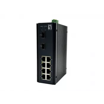 LevelOne 10 portu L2+ pārvaldīts gigabit industriālais komutators, 8x 1GbE RJ45, 2x 1/2.5GbE SFP, DIN-sliedes stiprinājums, -40°C līdz 75°C