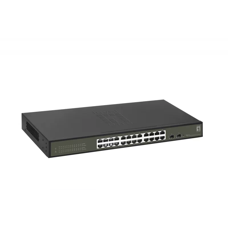 LevelOne Hilbert 26 portu gigabitu viedais vienkāršais slēdzis, 24 x Gigabit RJ45, 2 x Gigabit SFP