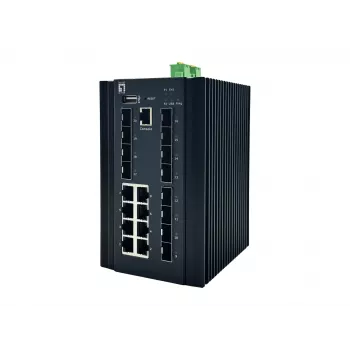 LevelOne 20 portu L2 Plus pārvaldīts industriālais slēdzis, 8 x 1GbE RJ45, 8 x 1GbE SFP, 4 x 1/2.5/10GbE SFP+, DIN-sliede, -40°C līdz 80°C
