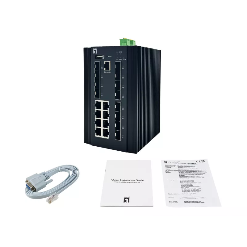 LevelOne 20 portu L2 Plus pārvaldīts industriālais slēdzis, 8 x 1GbE RJ45, 8 x 1GbE SFP, 4 x 1/2.5/10GbE SFP+, DIN-sliede, -40°C līdz 80°C