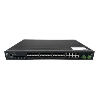 LevelOne 28-Port L2 Plus Managed Gigabit Fiber Industrial Switch, 4x 1.25/2.5GbE SFP, 16x 1.25GbE SFP, 8x Gigabit SFP/RJ45 Combo, Redundant Power Supply, -40°C to 80°C