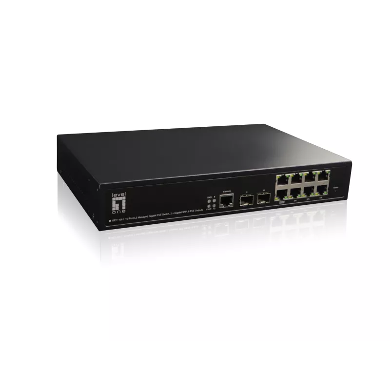 LevelOne KILBY 10 portu L2 pārvaldāms Gigabit PoE slēdzis, 2 x SFP, 802.3at/af PoE, 125W, 8 PoE izejas
