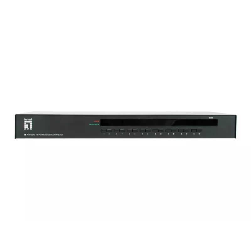 LevelOne 16 portu PS/2-USB VGA KVM slēdzis, 2048 x 1536 pikseļi, montāža statīvā, 1U, melns